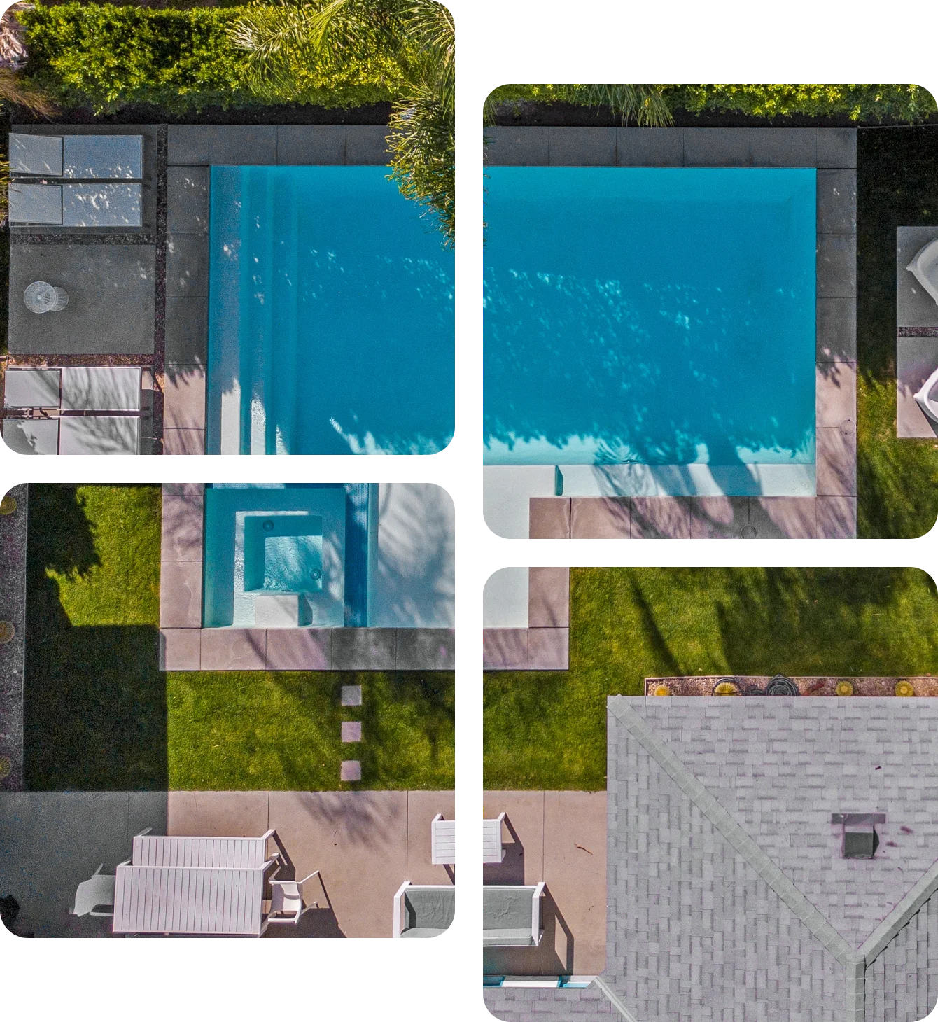 Aerial view of pool and lounge chairs in residential backyard